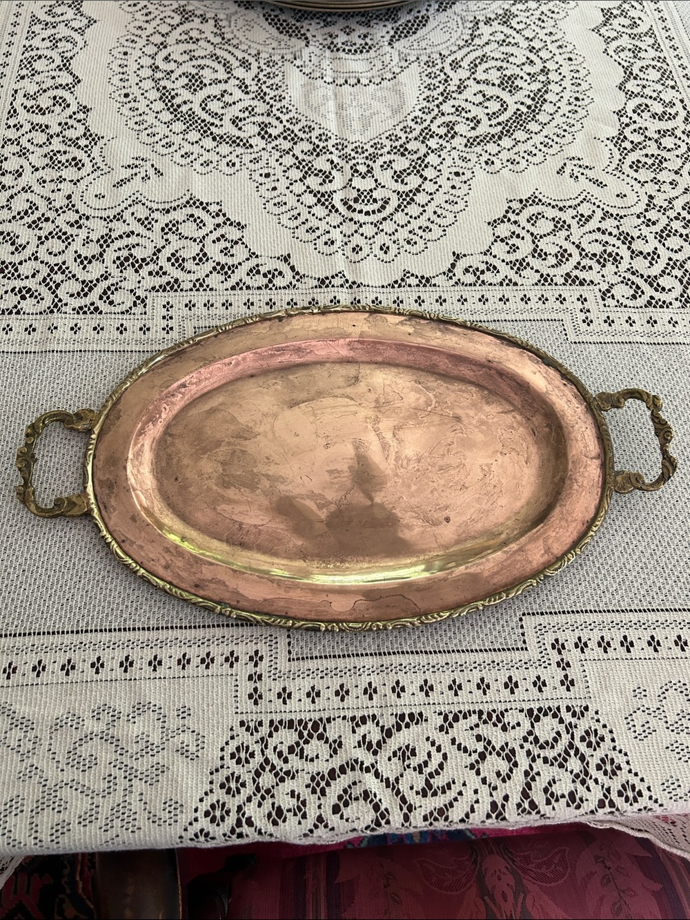 Vintage Antique Oval Copper Serving Tray with Brass Handles & Rim 9 1/2” by 17”